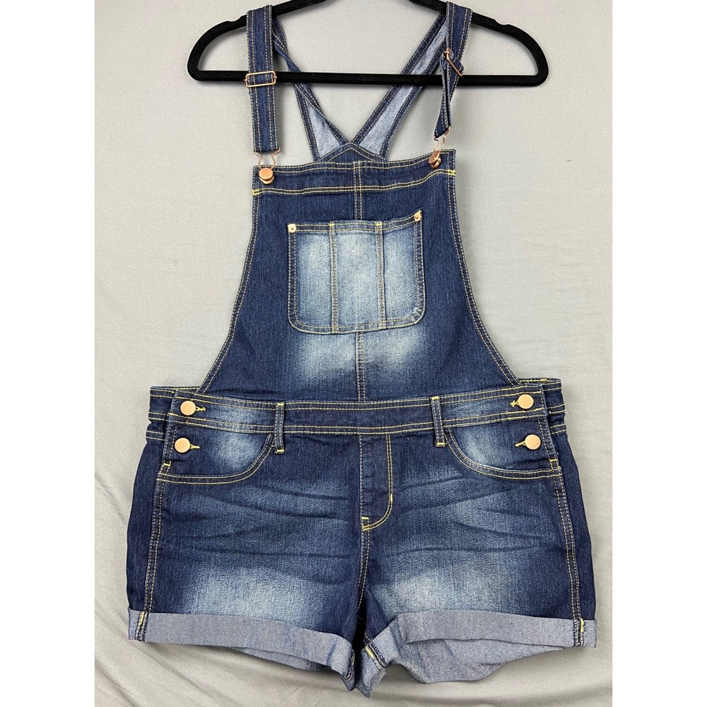 No Boundaries Denim Shortalls Womens L 11-13 Dark Wash Stretch Overalls Exc